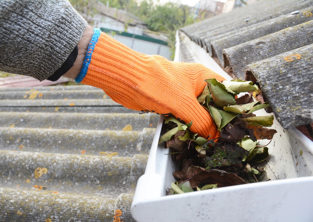 hand in orange glove reaching into gutter to clean out leaves and debris